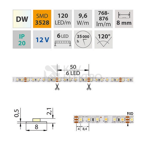 Obrázek produktu LED pásek McLED 12V teplá+studená bílá š=8mm IP20 9,6W/m 120LED/m SMD3528 ML-122.630.60.0 7