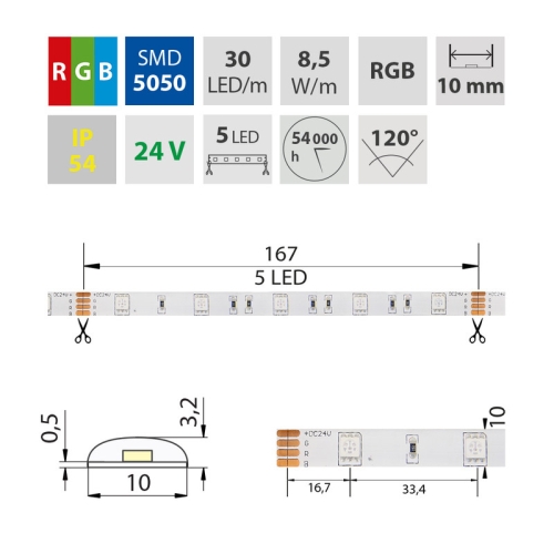LED pásek McLED 24V RGB š=10mm IP54 7,2W/m 30LED/m SMD5050 ML-128.587.60.0