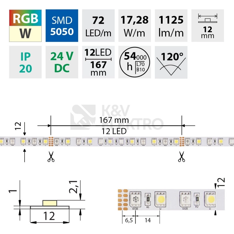 Obrázek produktu LED pásek McLED 24V RGBW CW studená bílá 12mm IP20 17,3W/m ML-128.632.60.0 (5m) 3