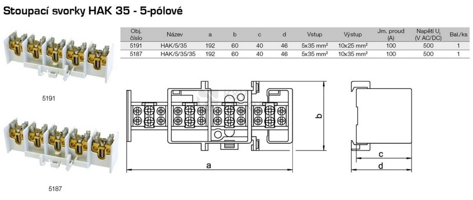 Obrázek produktu Svorkovnice stoupací HAK/5/35/35 5x35mm2 1005187 1