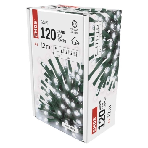 Vánoční osvětlení EMOS D4AC03 ZY0803T 120LED řetěz 12m studená bílá s časovačem