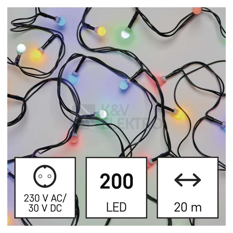 Obrázek produktu Vánoční osvětlení EMOS D5AM03 ZY0912T 200LED řetěz 20m kuličky multicolor s časovačem 2