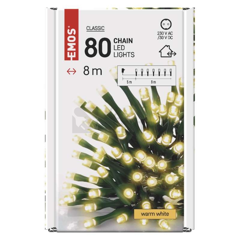Obrázek produktu Vánoční osvětlení EMOS D4AW02 ZY1702T 80LED řetěz 8m teplá bílá s časovačem 5
