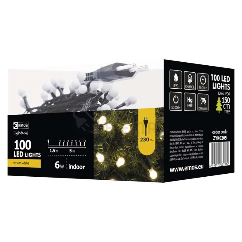 Obrázek produktu Vánoční řetěz kuličky EMOS D5GW02 ZYK0205 100LED 5m teplá bílá 8