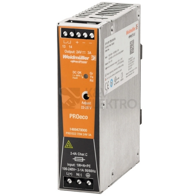 Obrázek produktu Spínaný napájecí zdroj Weidmüller PROeco 72W 24V 3A 1469470000 0