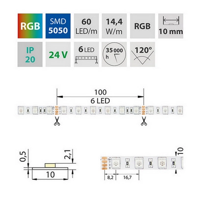 LED pásek McLED 24V RGB š=10mm IP20 14,4W/m 60LED/m SMD5050 ML-128.601.60.2 (obrázek 5)