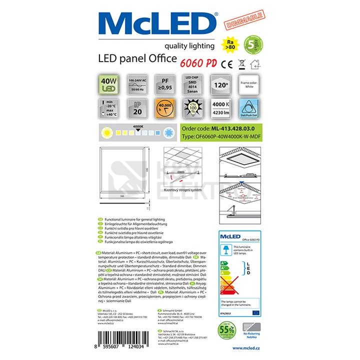 Obrázek produktu LED panel McLED Office 6060 P DALI 40W 4000K neutrální bílá ML-413.428.03.0 2