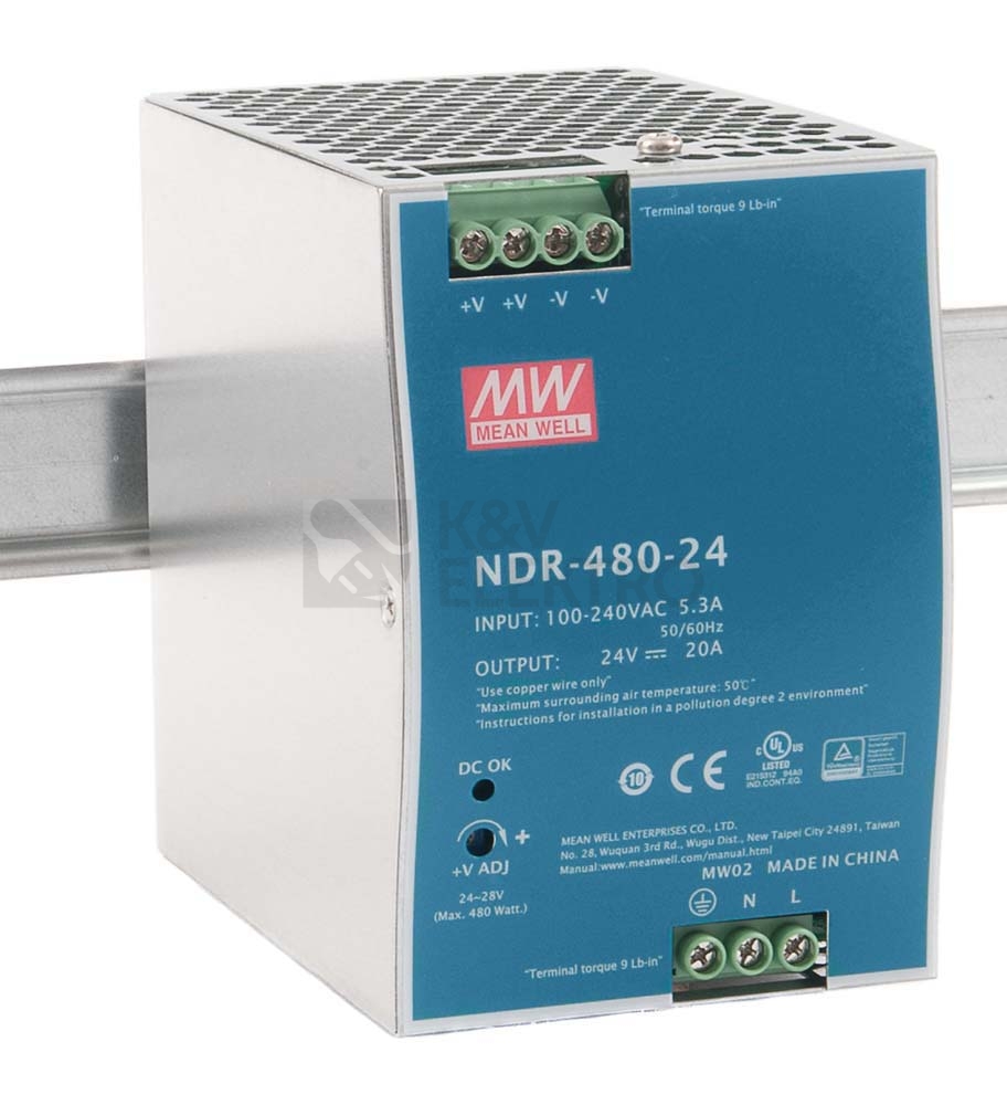 Obrázek produktu Spínaný napájecí zdroj MEAN WELL NDR-480-24 480W 24VDC 0