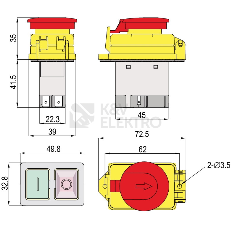 Obrázek produktu  Přístrojový tlačítkový spínač TRACON SSTM-01 230V/12A IP54 hřibová hlavice 2