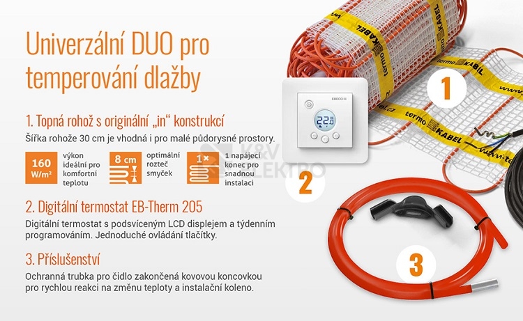 Obrázek produktu Topná rohož s termostatem K&V thermo sada Classic KIT 2,4 (384W) jeden studený konec 2