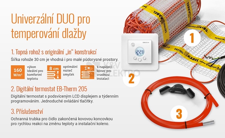 Obrázek produktu Topná rohož s termostatem K&V thermo sada Classic KIT 3,6 (576W) jeden studený konec 1