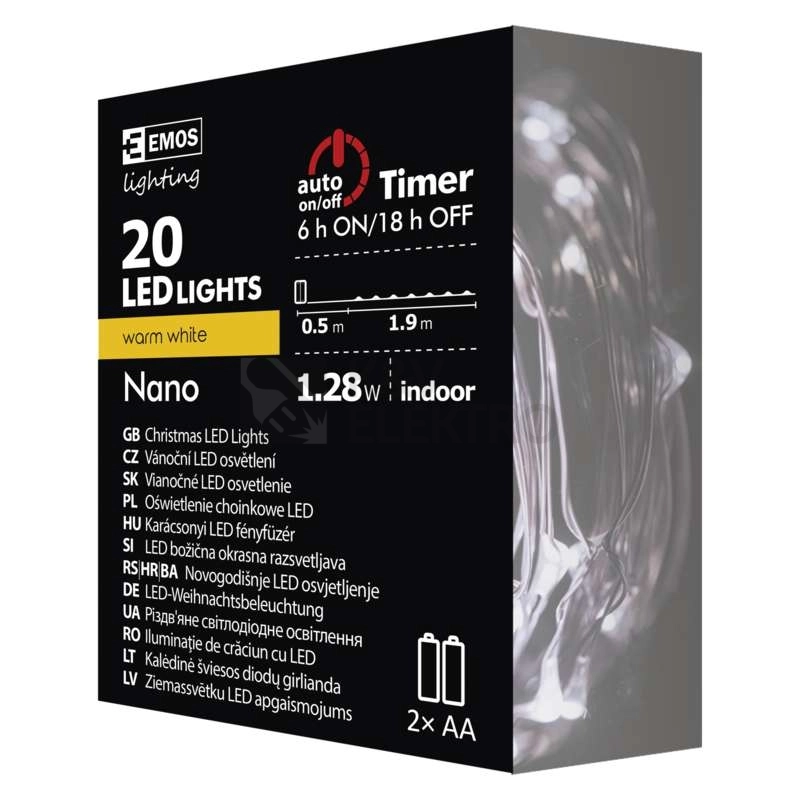 Obrázek produktu Vánoční osvětlení EMOS D3AW07 ZY1952 20LED nano řetěz měděný 1,9m 2xAA teplá bílá s časovačem 6