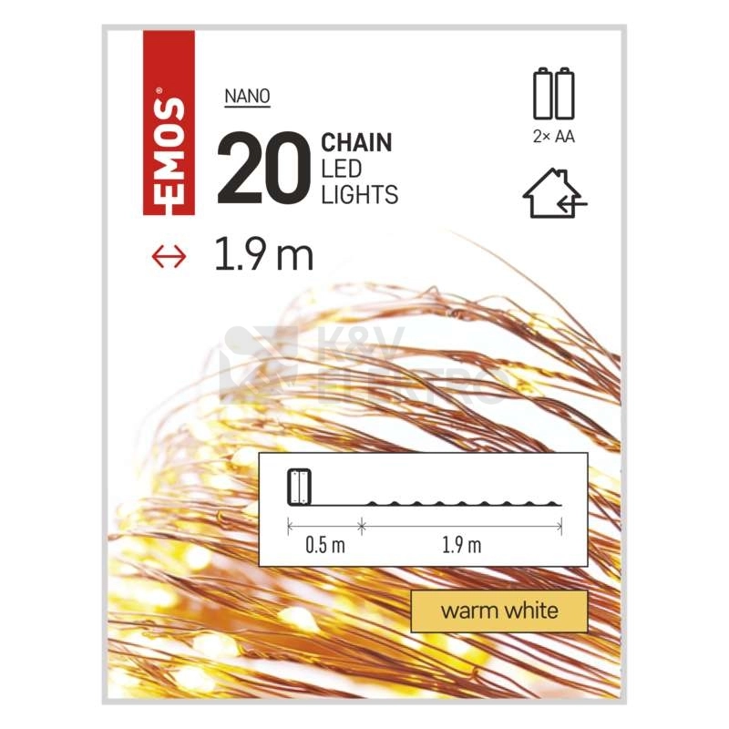 Obrázek produktu Vánoční osvětlení EMOS D3AW07 ZY1952 20LED nano řetěz měděný 1,9m 2xAA teplá bílá s časovačem 12