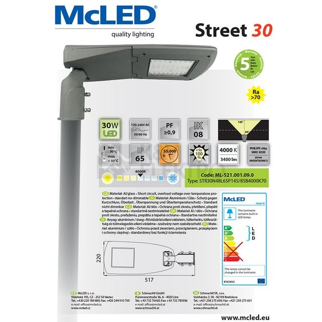 Obrázek produktu  LED svítidlo veřejného osvětlení McLED Street 30W  4000K neutrální bílá ML-521.001.09.0 6