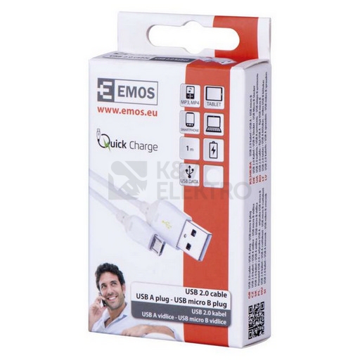 Obrázek produktu USB kabel EMOS 2.0 A/M - micro B/M 1m bílý, Quick Charge SM7004W 1