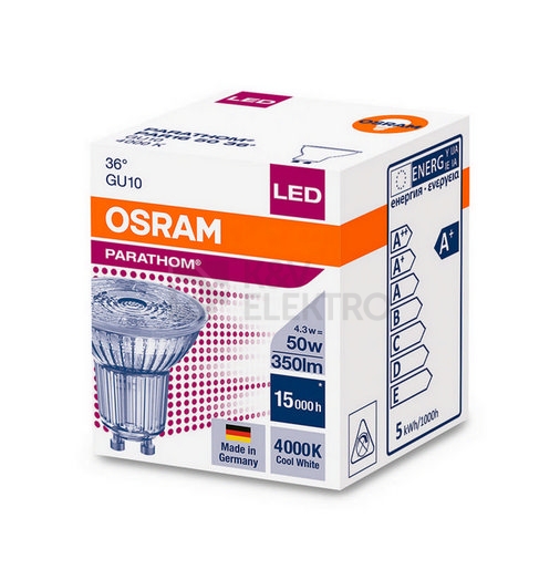 Obrázek produktu LED žárovka GU10 PAR16 OSRAM PARATHOM 4,3W (50W) neutrální bílá (4000K), reflektor 36° 1