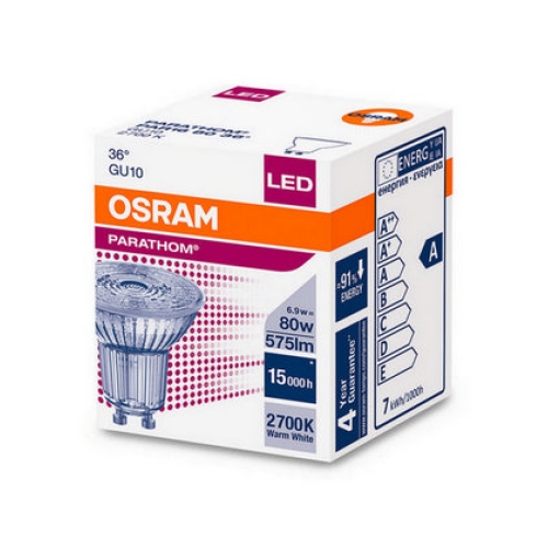 LED žárovka GU10 PAR16 Osram PARATHOM 6,9W (80W) teplá bílá (2700K), reflektor 36°