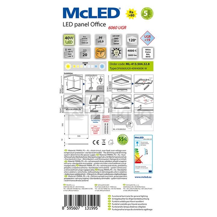 Obrázek produktu LED panel McLED Office 6060 UGR<19 40W 4000K neutrální bílá bez driveru ML-413.504.32.8 7