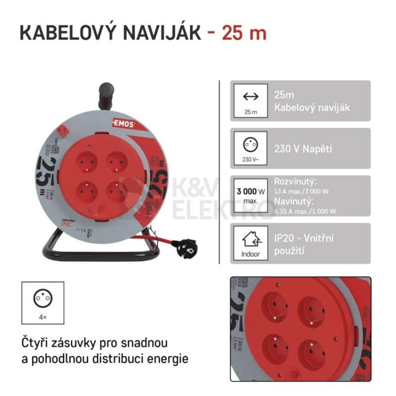 Obrázek produktu PVC kabel na bubnu s pevným středem 4zásuvky 25m EMOS P19425P 18