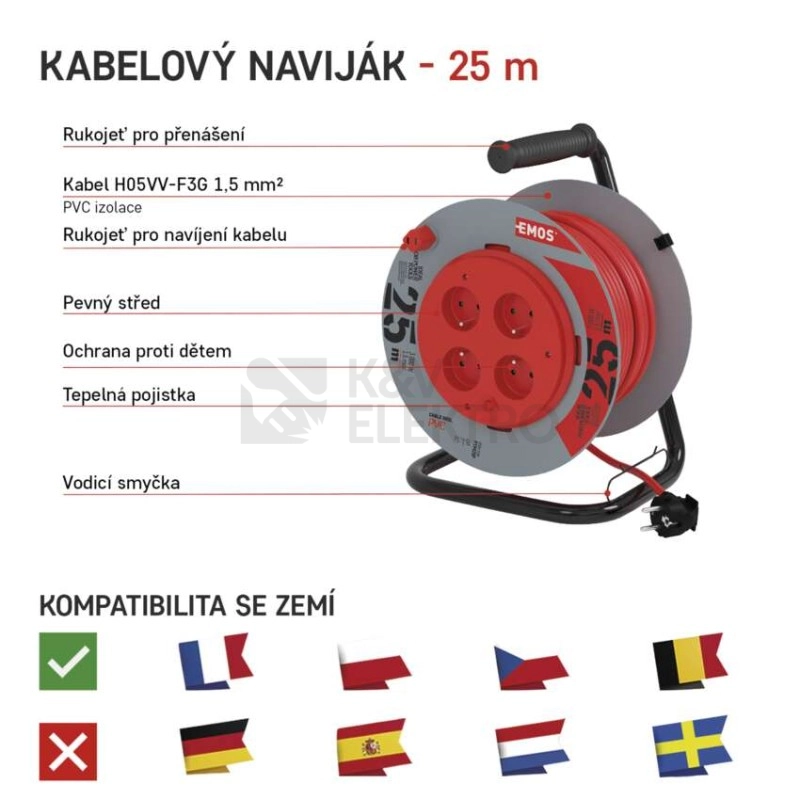 Obrázek produktu PVC kabel na bubnu s pevným středem 4zásuvky 25m EMOS P19425P 19