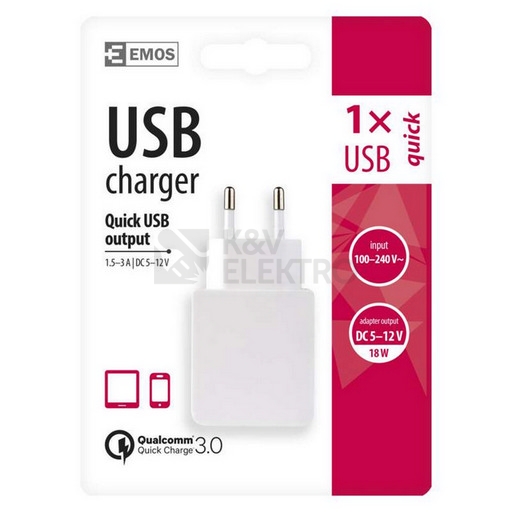 Obrázek produktu Univerzální USB adaptér EMOS do sítě QUICK 2,4A (18W) max. V0113 6