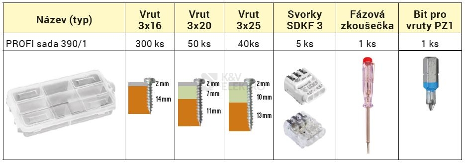 Obrázek produktu PROFI sada přístrojových vrutů pro elektroinstalační krabice UK/KU 68 + fázová zkoušečka 1013901 2