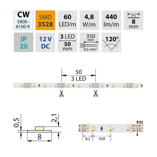 LED pásek McLED 12V studená bílá š=8mm IP20 4,8W/m 60LED/m SMD3528 ML-121.206.60.2 (obrázek 7)