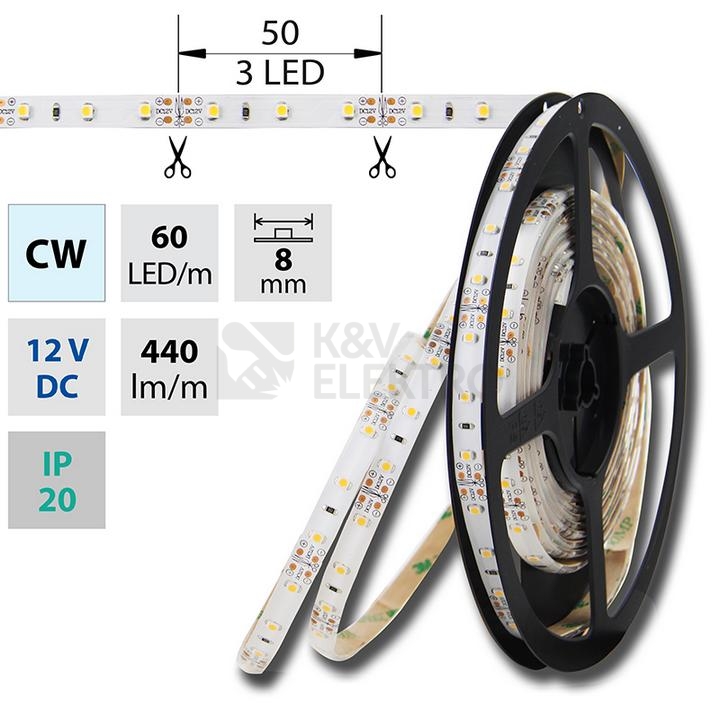 Obrázek produktu LED pásek McLED 12V studená bílá š=8mm IP20 4,8W/m 60LED/m SMD3528 ML-121.206.60.2 0