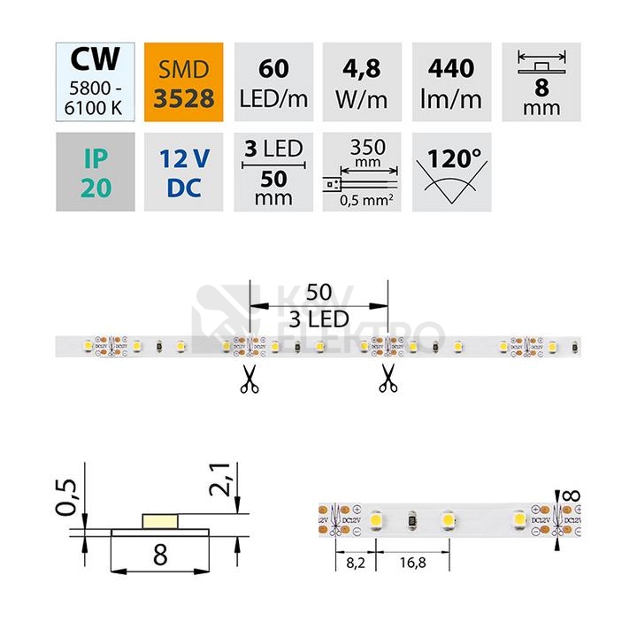 Obrázek produktu LED pásek McLED 12V studená bílá š=8mm IP20 4,8W/m 60LED/m SMD3528 ML-121.206.60.2 3