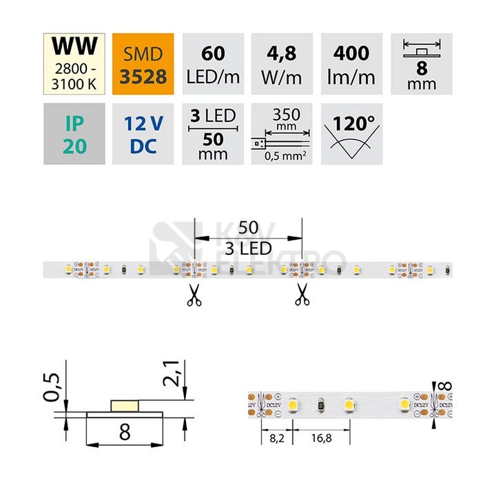 Obrázek produktu LED pásek McLED 12V teplá bílá š=8mm IP20 4,8W/m 60LED/m SMD3528 ML-121.207.60.2 3
