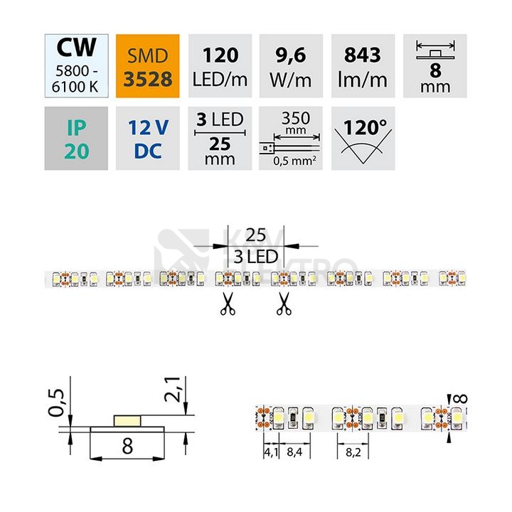 Obrázek produktu LED pásek McLED 12V studená bílá š=8mm IP20 9,6W/m 120LED/m SMD3528 ML-121.230.60.2 3