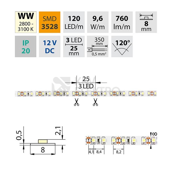 Obrázek produktu LED pásek McLED 12V teplá bílá š=8mm IP20 9,6W/m 120LED/m SMD3528 ML-121.231.60.2 3