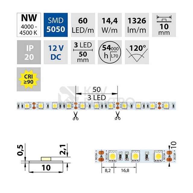 Obrázek produktu LED pásek McLED 12V neutrální bílá š=10mm IP20 14,4W/m 60LED/m SMD5050 ML-121.665.60.2 1