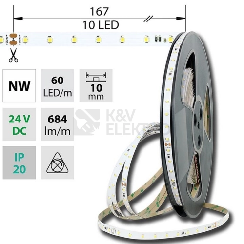 LED pásek McLED 24V neutrální bílá š=10mm IP20 6,5W/m 60LED/m SMD2835 ML-126.800.60.8 (20m)
