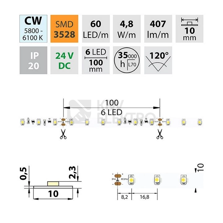 Obrázek produktu LED pásek McLED 24V studená bílá š=10mm IP20 4,8W/m 60LED/m SMD3528 ML-126.795.60.8 3