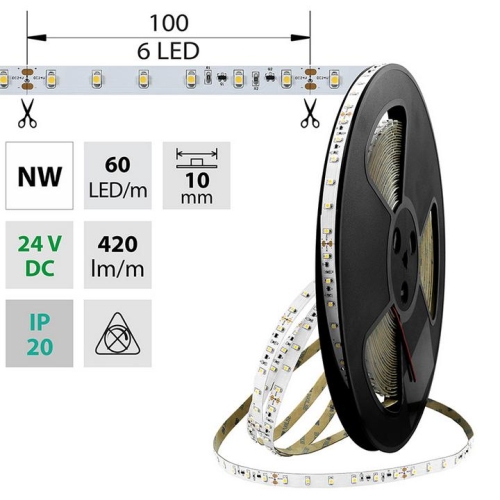Levně LED pásek McLED 24V neutrální bílá š=10mm IP20 4,8W/m 60LED/m SMD3528 ML-126.794.60.8 (20m)