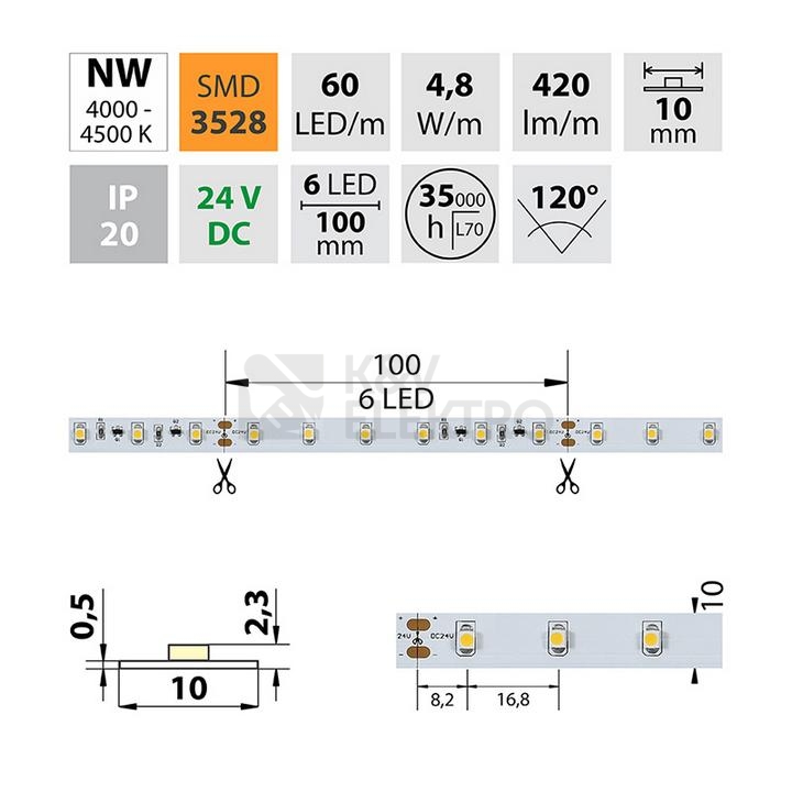 Obrázek produktu  LED pásek McLED 24V neutrální bílá š=10mm IP20 4,8W/m 60LED/m SMD3528 ML-126.794.60.8 (20m) 3