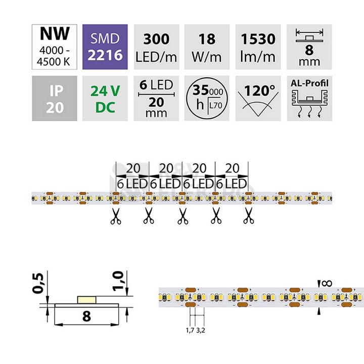 Obrázek produktu LED pásek McLED 24V neutrální bílá š=8mm IP20 18W/m 300LED/m SMD2216 ML-126.737.60.1 3