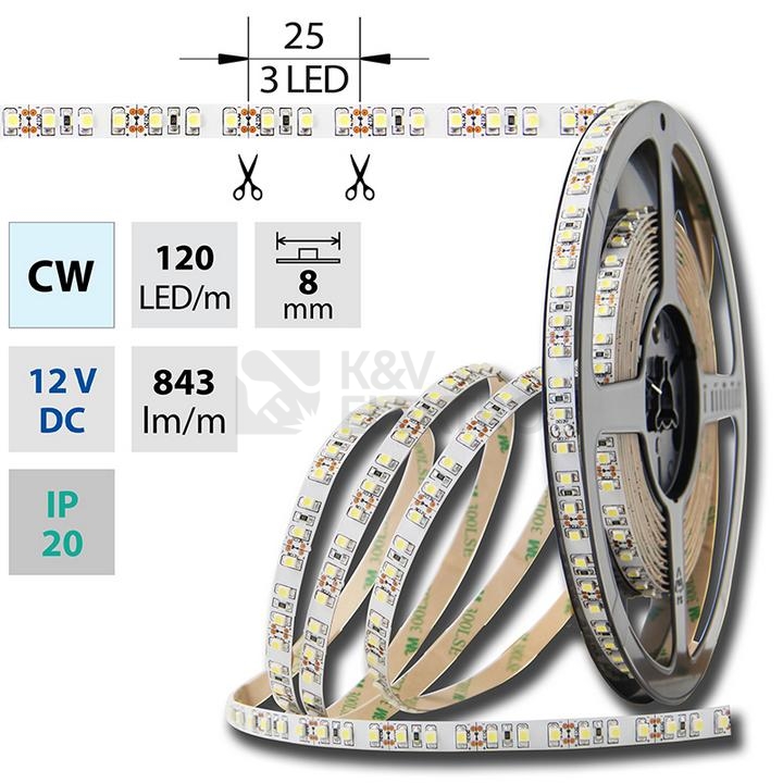 Obrázek produktu LED pásek McLED 12V studená bílá š=8mm IP20 9,6W/m 120LED/m ML-121.230.60.0 (4m) 0