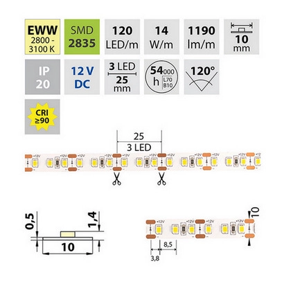 LED pásek McLED 12V teplá bílá š=10mm IP20 14W/m 120LED/m ML-121.367.60.0 (5m) (obrázek 7)