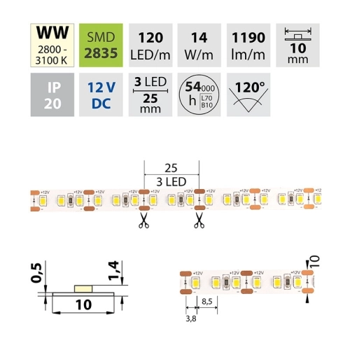 LED pásek McLED 12V teplá bílá š=10mm IP20 14W/m 120LED/m ML-121.367.60.0 (5m) (obrázek 9)