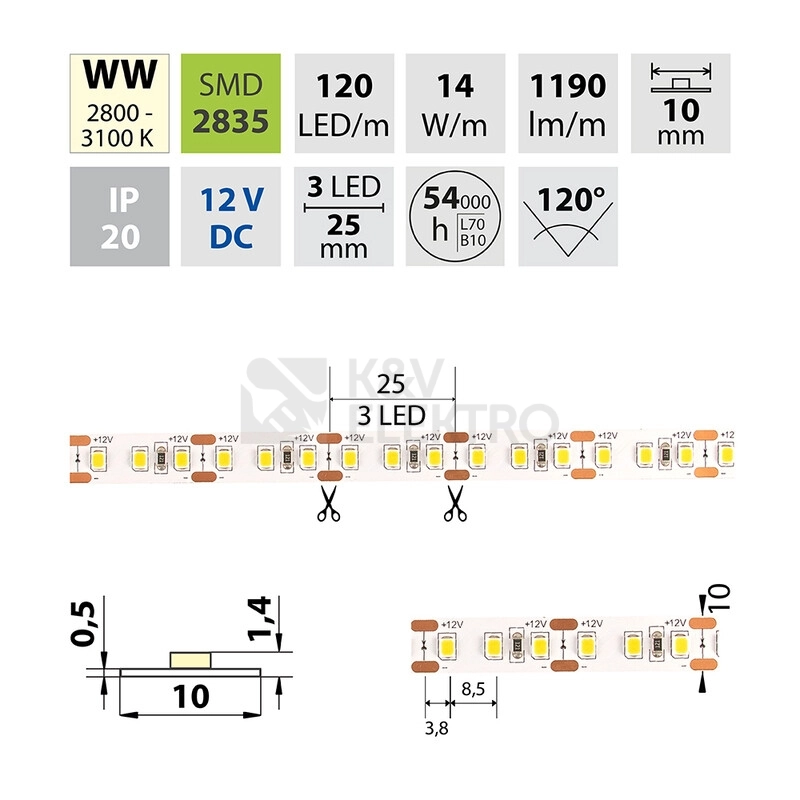 Obrázek produktu LED pásek McLED 12V teplá bílá š=10mm IP20 14W/m 120LED/m ML-121.367.60.0 (5m) 6