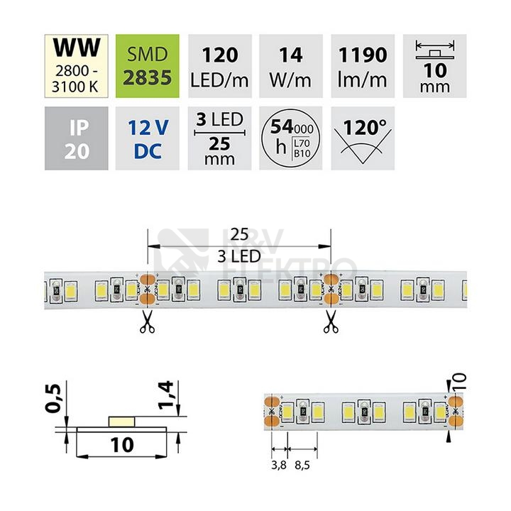 Obrázek produktu LED pásek McLED 12V teplá bílá š=10mm IP20 14W/m 120LED/m SMD2835 ML-121.367.60.2 4