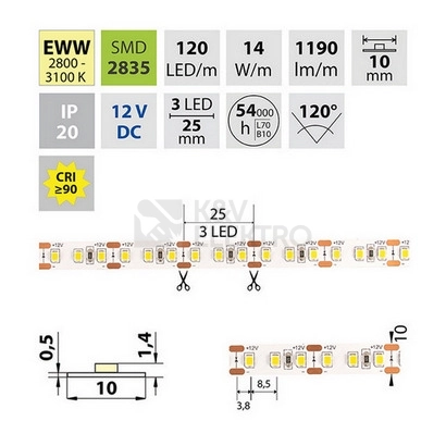 Obrázek produktu LED pásek McLED 12V teplá bílá š=10mm IP20 14W/m 120LED/m SMD2835 ML-121.367.60.2 3