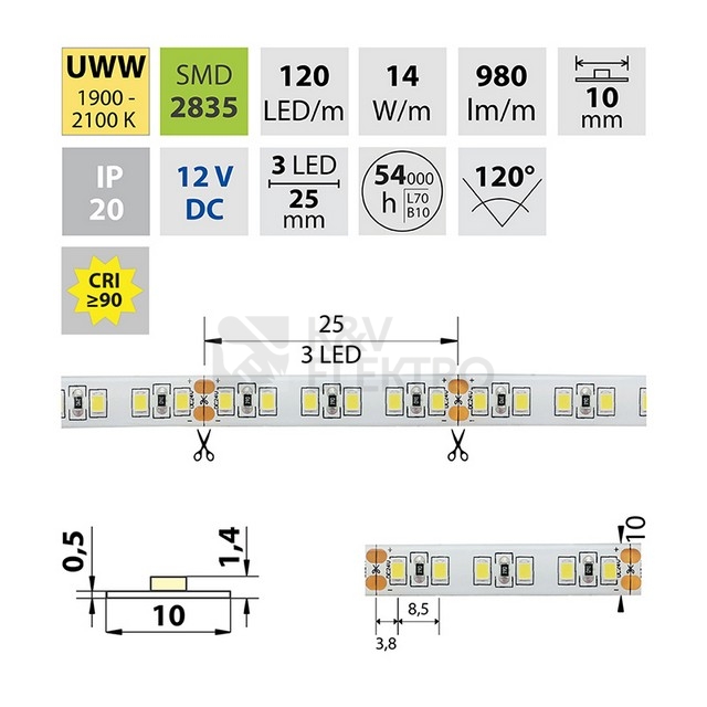 Obrázek produktu  LED pásek McLED 12V ultra teplá bílá CRI90 š=10mm IP20 14W/m 120LED/m SMD2835 ML-121.820.60.0 1