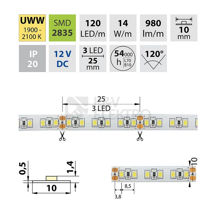 Obrázek produktu  LED pásek McLED 12V ultra teplá bílá CRI90 š=10mm IP20 14W/m 120LED/m SMD2835 ML-121.820.60.0 4