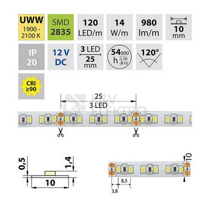 Obrázek produktu LED pásek McLED 12V ultra teplá bílá CRI90 š=10mm IP20 14W/m 120LED/m SMD2835 ML-121.820.60.0 3