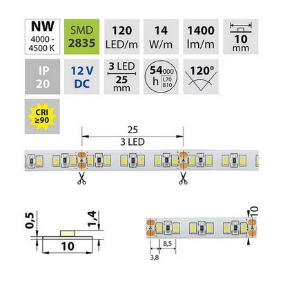 LED pásek McLED 12V neutrální bílá CRI90 š=10mm IP20 14W/m 120LED/m SMD2835 ML-121.815.60.2 (obrázek 3)