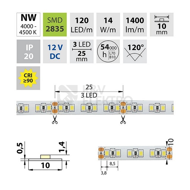 Obrázek produktu LED pásek McLED 12V neutrální bílá CRI90 š=10mm IP20 14W/m 120LED/m SMD2835 ML-121.815.60.2 1