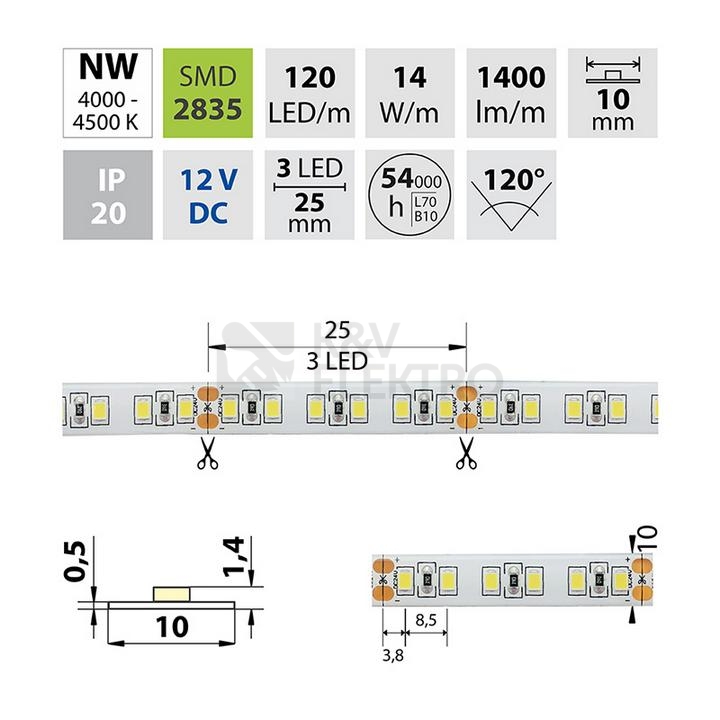 Obrázek produktu LED pásek McLED 12V neutrální bílá CRI90 š=10mm IP20 14W/m 120LED/m SMD2835 ML-121.815.60.2 4